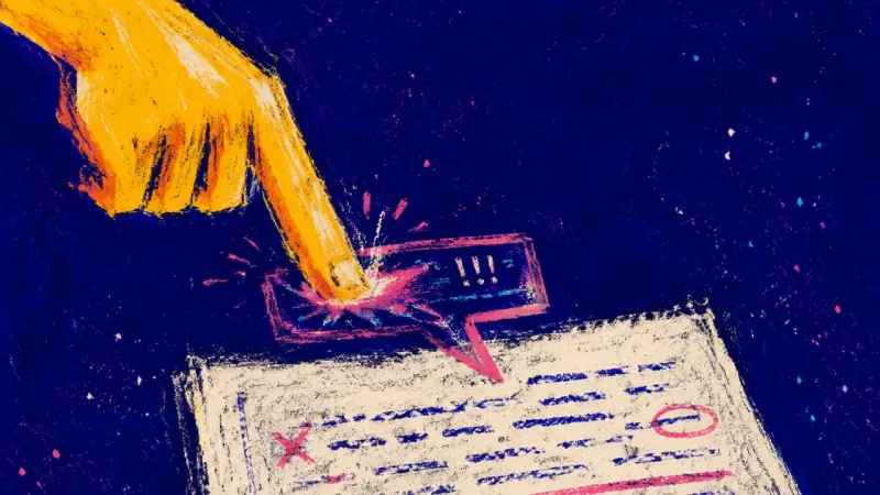 The Sharpest Note An index finger pressing the same essay comment bubble again and again, symbolizing fixation on one.