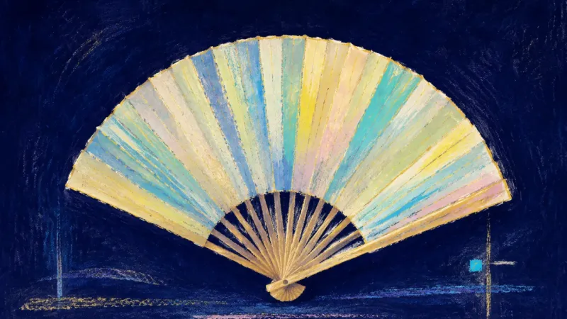 Measured Opening A folding fan reopened into a balanced arc, representing practical self-trust and steadier order aft