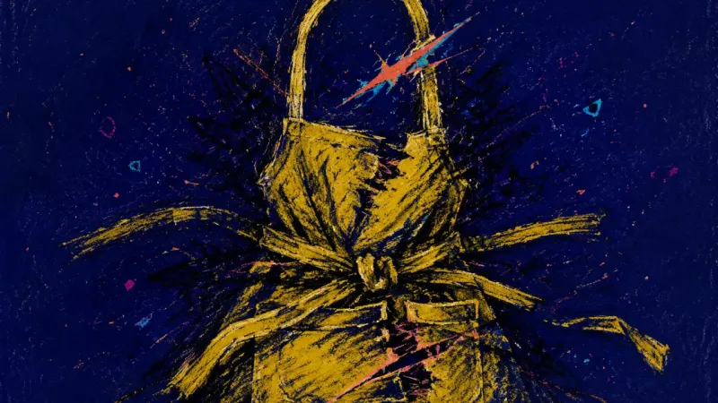 Knotted Apron A warped apron pulled into tight knots and crossed lines, representing beginner shame and the fear