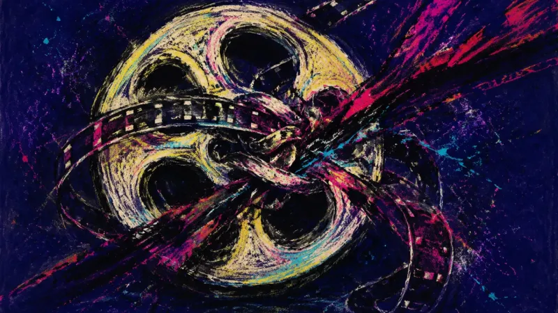Endless Trailer A warped film reel tangled in its own strip, representing mixed-signal dating where public