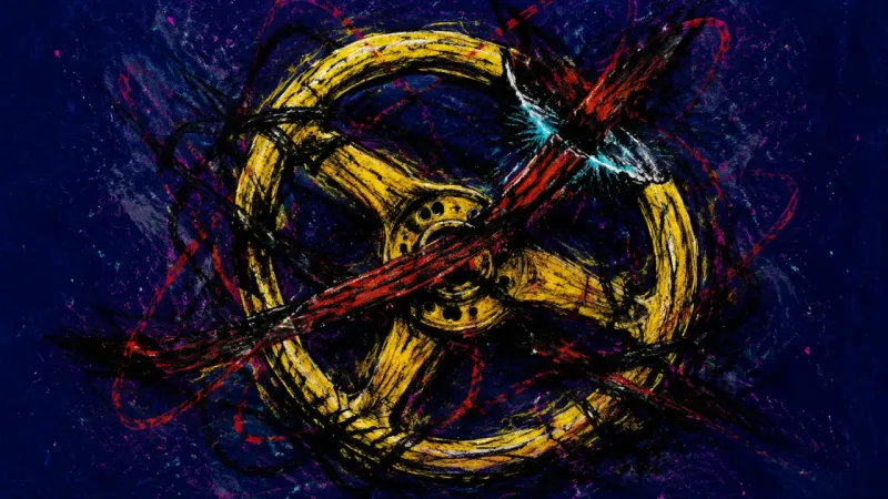A distorted steering wheel trapped in crossing bands, representing guilt-driven paralysis and the pr