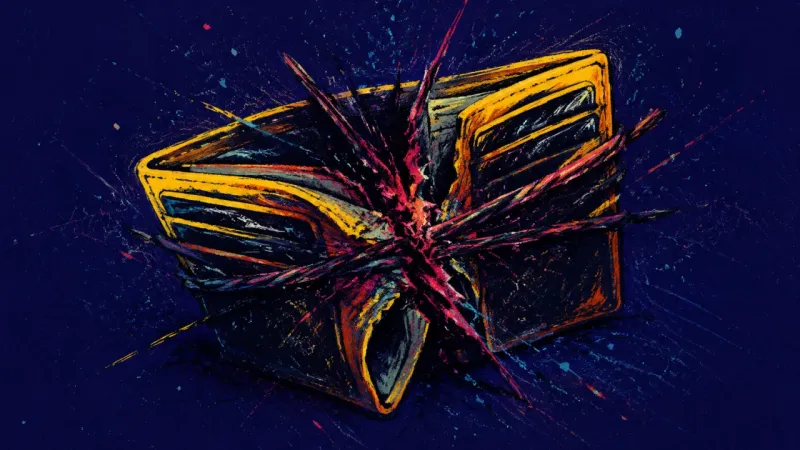 Closed Terms A distorted wallet trapped in chaotic pressure, representing money shame and secrecy inside friendsh