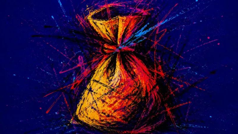 Choked Opening A pouch cinched shut and tangled in chaotic marks, representing humor as emotional armor and the str