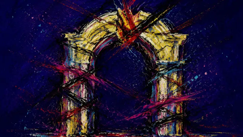 An abstract archway distorted and clogged by crossing marks, showing love-versus-logistics paralysis