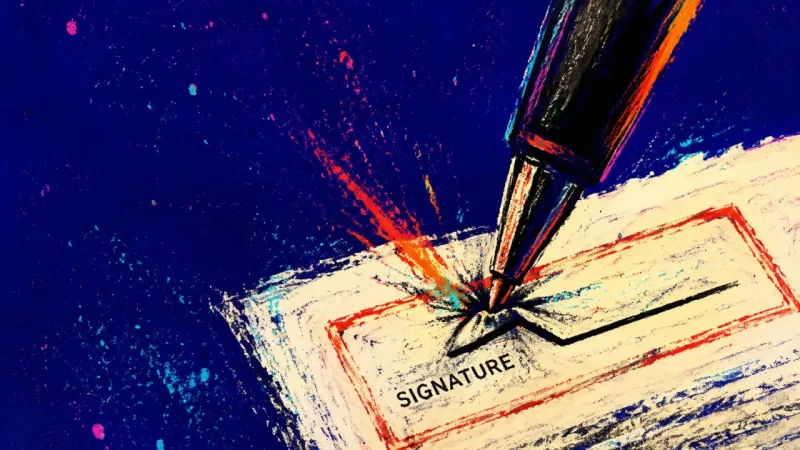 A pen pressed into the blank signature box of a co-sign form, symbolizing family guilt around a high