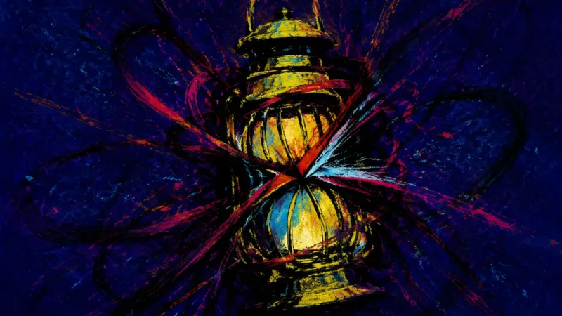 A distorted lantern trapped in chaotic lines, symbolizing post-breakup indecision and the strain of