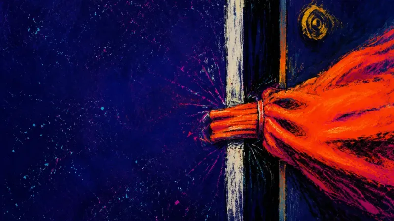 Caught in the Seam A closet door closing over a trapped sweatshirt sleeve, capturing the urge to hide ordinary mess قبل