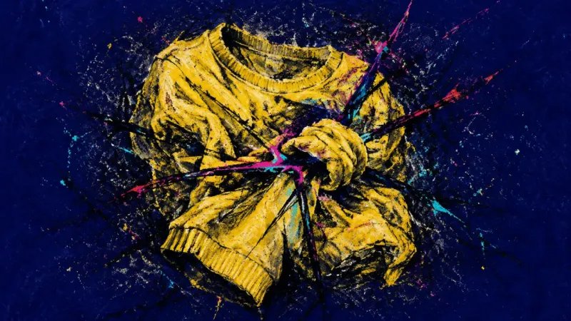 Smuggled Off-Screen An abstract sweatshirt form crumpled and bound by chaotic marks, symbolizing shame-driven self-edit.