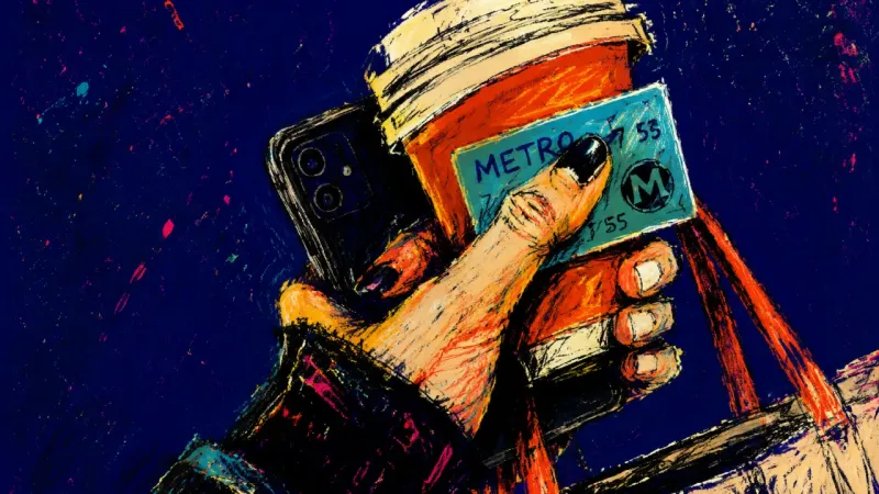 No Free Hand A crowded hand clutching a coffee cup, phone, tote strap, and transit card at once, reflecting the n