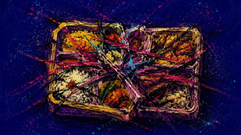 Compartment Collapse A bento box with collapsed compartments, representing high-functioning overwhelm where work, care,