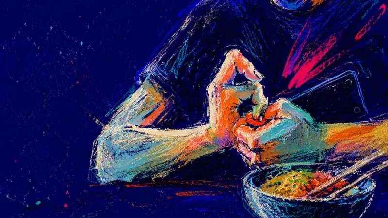Access on Demand A cropped upper body traps a phone beside a lunch bowl while a thumb digs into the opposite palm, ev