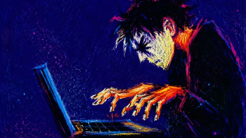 Before the First Click An abbreviated upper body with raised shoulders and both hands hovering over an open laptop, showing