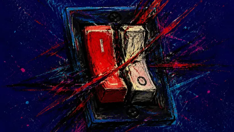 An abstract visual of deadline-driven decision paralysis, with a switch trapped in a chaotic in-