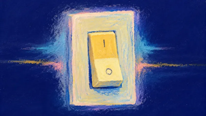 An abstract visual of a career choice resolved with calm agency, where the switch settles into clear