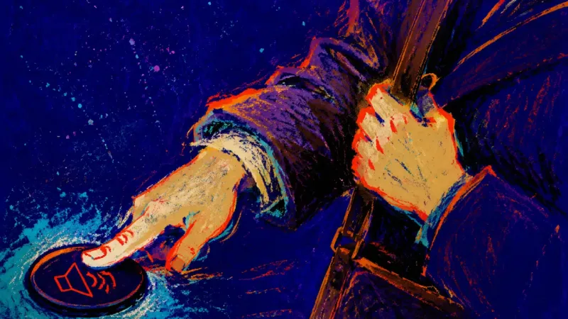 Before the Coat Drops A coat-on hand pressing a speaker button before settling in, symbolizing the urge to fill silence as