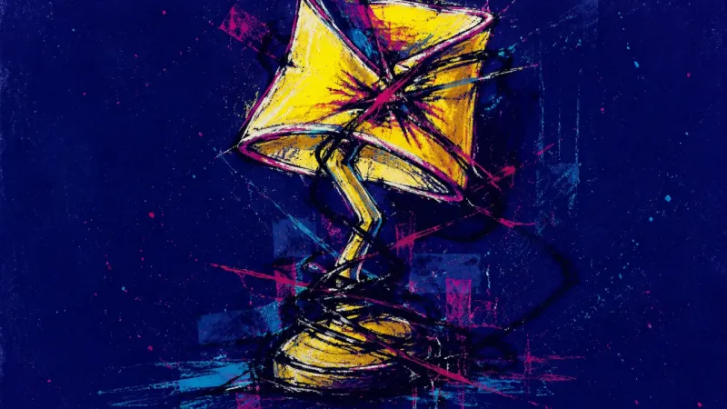 Braced Stillness A warped table lamp trapped in restless lines, representing unease and blocked rest when a quiet