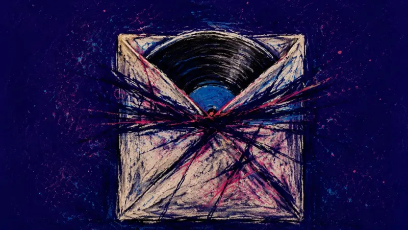 Sealed Groove A record sleeve crushed shut around its disc, representing self-censorship and fear of judgment סביב