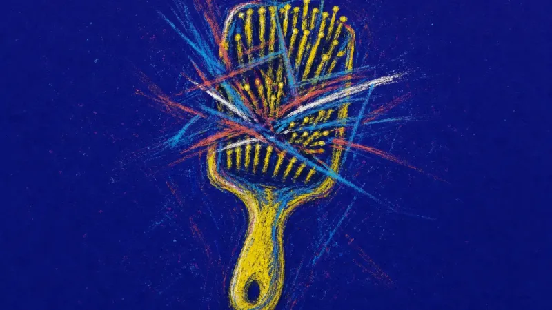 Borrowed Voice A warped hairbrush choked by tangled marks, representing self-silencing and swallowed tension during