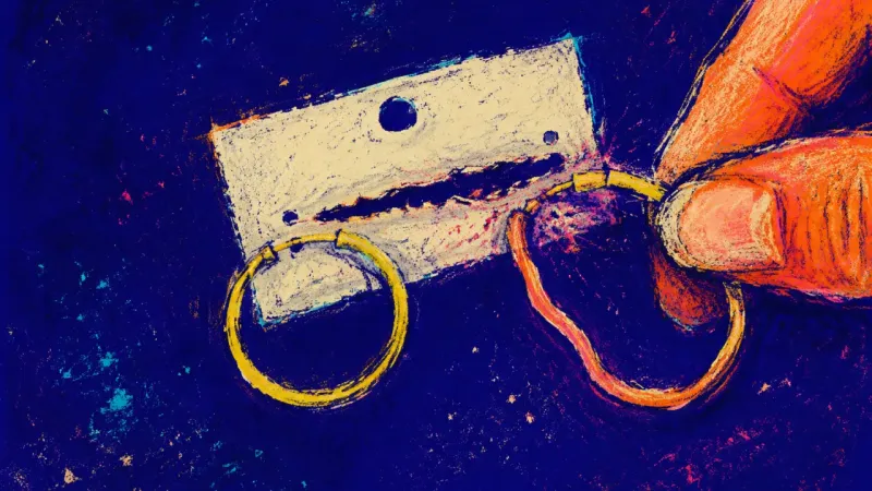 Polite Unfastening Two fingers pull a hoop earring back through its card, turning a small punched slot into a tear and,