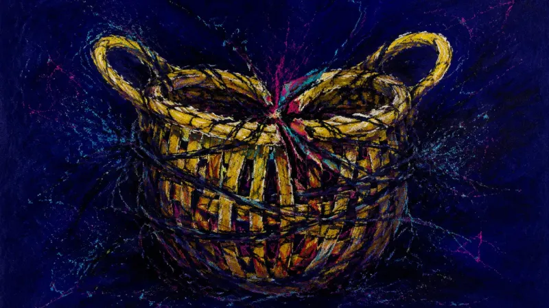Collapsed Shared Space A basket squeezed shut and tangled into disorder, representing intimacy panic and the fear of fai