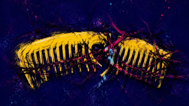 Teeth Under Trial A warped comb with its teeth choked by tangled marks, representing concentration shame, mental over