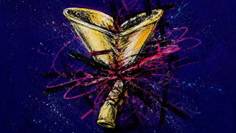 Choked Passage A funnel crushed shut and tangled in violent marks, expressing self-censorship and pressure after