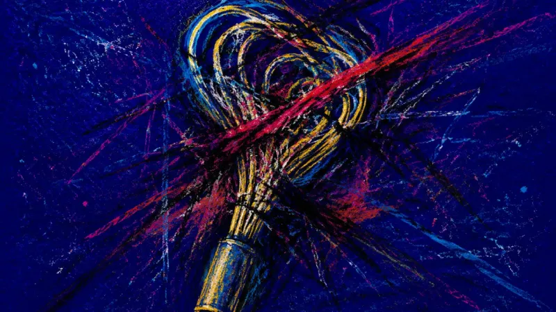 Crushed Rhythm A crushed whisk tangled in dense lines, representing high-functioning burnout and the late-night loo