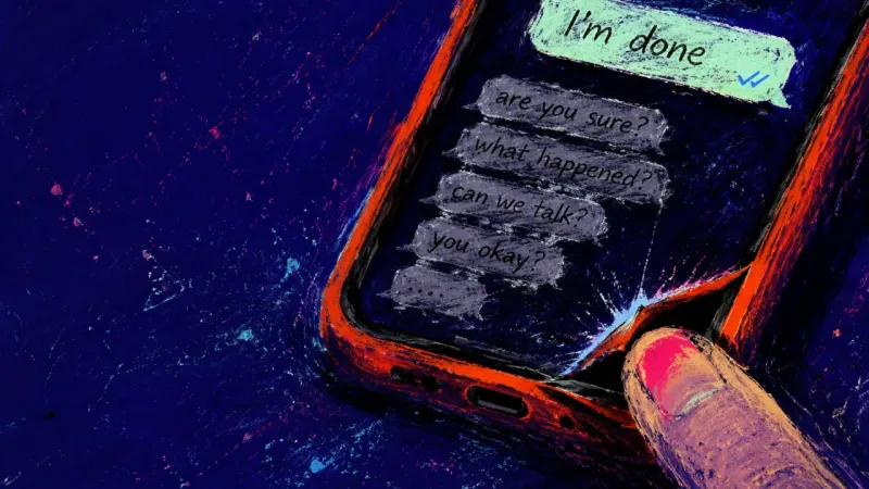 Helpful Distance A phone with a cleaned-up vulnerable text above a long advice reply, while a thumbnail peels thecase