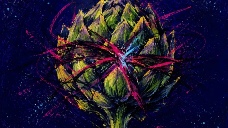 Sealed Too Tight An abstract artichoke crushed inward, representing edited vulnerability and the isolating pressure