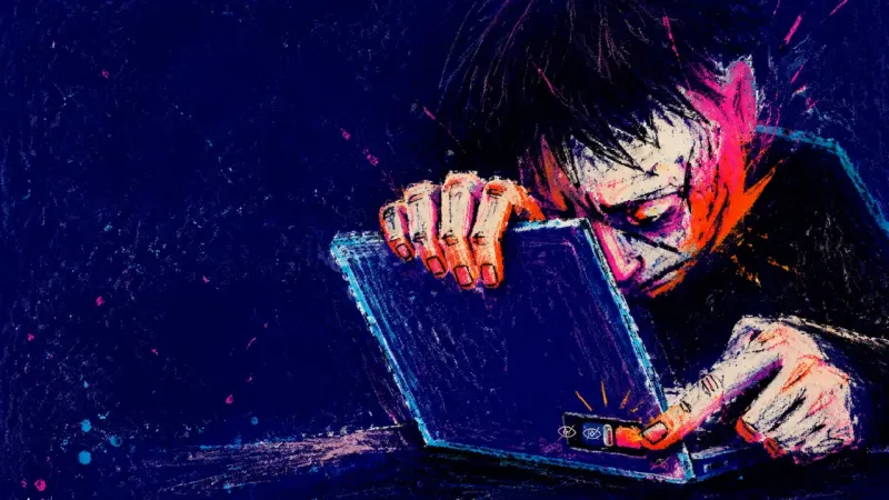 The Hidden Signal A cropped figure grips a laptop while repeatedly flipping a job-visibility setting on and off, отраж