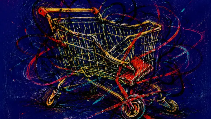 Folded Into Route A warped shopping cart tangled in chaotic lines, representing resentment and self-silencing in a one