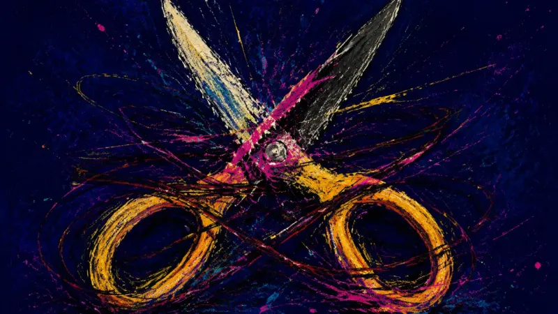 Blade Lock An abstract image of decision paralysis, where scissors are twisted shut and overwhelmed by chaotic