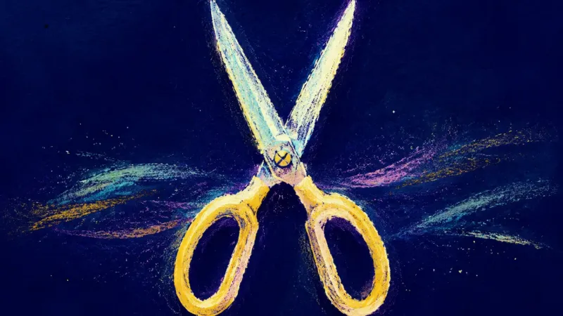Clear Cut An abstract image of decision paralysis easing, where scissors regain alignment and open cleanly,