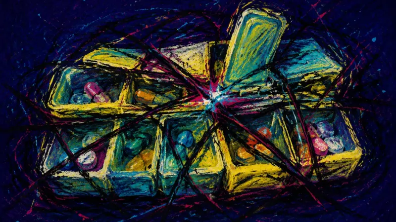 Compartment Collapse A pill organizer warped into a cramped, tangled block, representing overwhelm, control anxiety