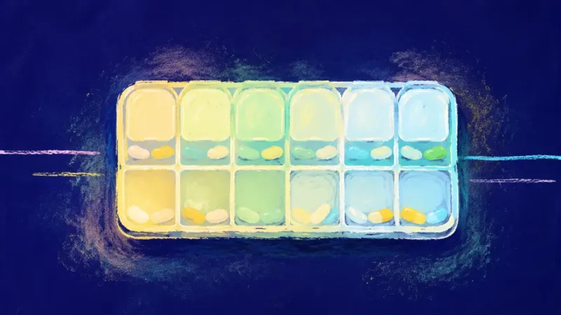 Rhythm Restored A pill organizer returns to a clean, even structure, symbolizing simple routines, growing self-trust