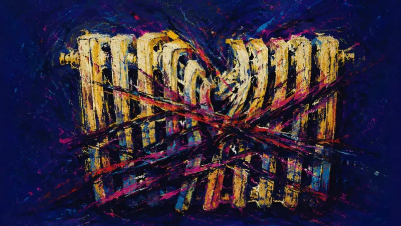 Crushed Warmth A warped radiator compressed by chaotic marks, representing relationship anxiety that turns closenes