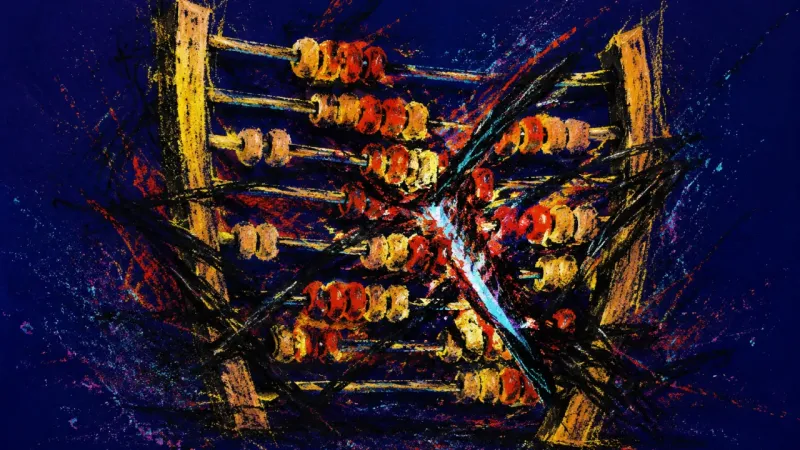 Crushed Reckoning A warped abacus with beads jammed into harsh clusters, expressing perfectionism paralysis and the fe
