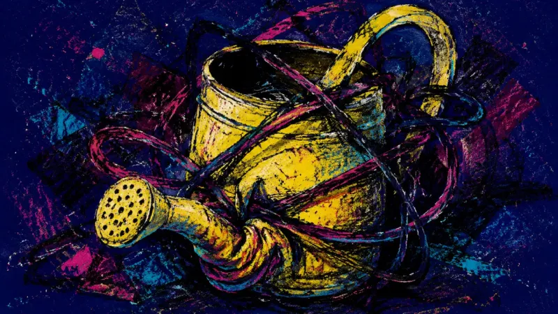 Choked Pour A distorted watering can wrapped in dense looping marks, representing self-monitoring overload and