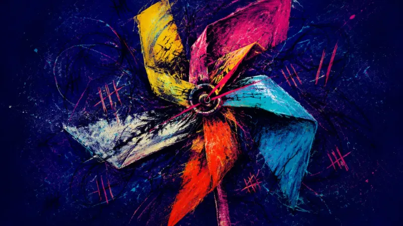 Fractured Rotation A distorted pinwheel tangled in chaotic lines, representing identity fragmentation and pressure to