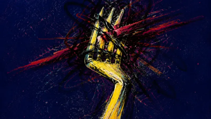 Crossed Tines A warped fork bound by chaotic marks, representing office-return choice paralysis and a crushing los