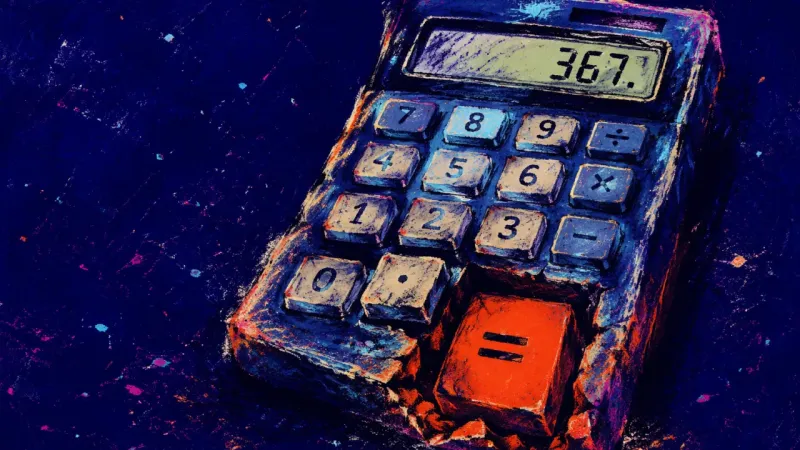 The Sunk Total A calculator with a sunken equals key and distorted buttons, reflecting money shame and fear of by-s
