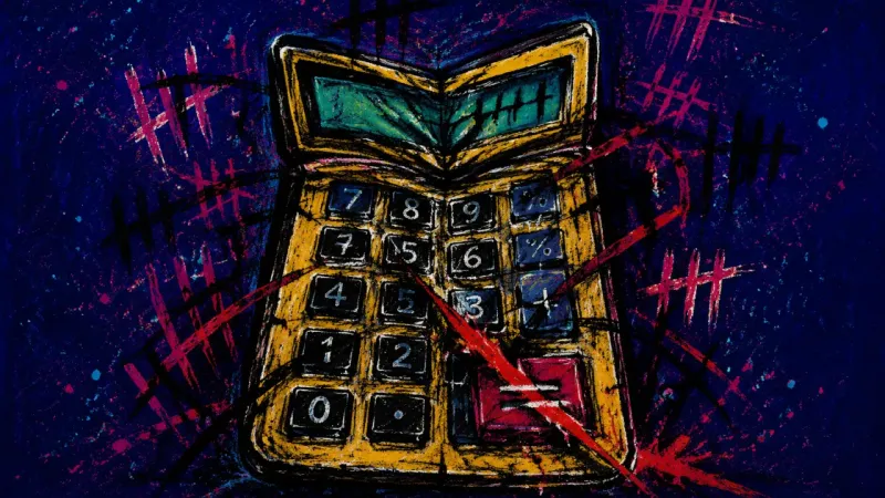 Crushed Calculation A warped calculator choked by chaotic marks, representing money shame, harsh self-scoring, and an op