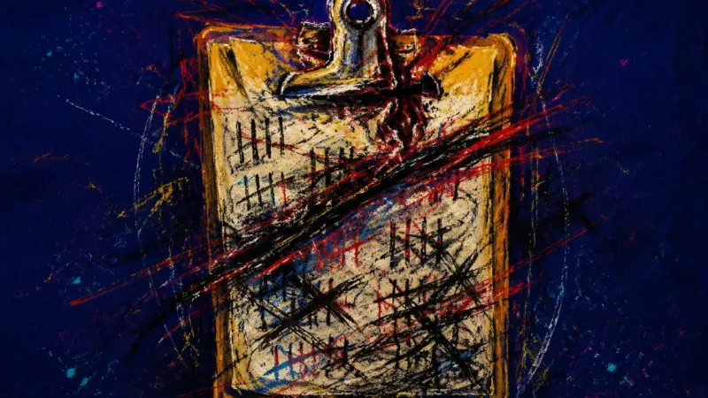 A distorted clipboard trapped in dense crossing marks, representing the pressure to justify rest and