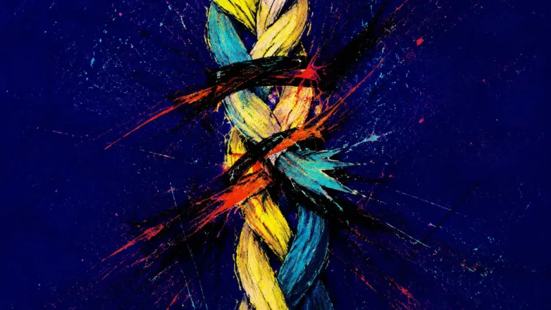 Snarled Thread A distorted braid tangled under chaotic lines, representing social self-editing and fear of not
