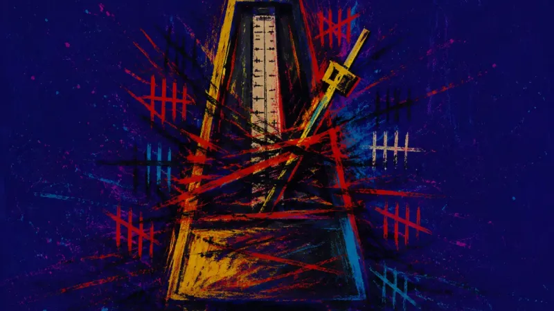 Offbeat Verdict A metronome form pulled out of balance by dense marks, representing post-mistake dread and obsessive
