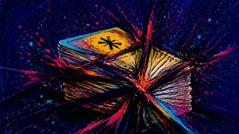 An abstract representation of spaced-repetition backlog panic, with a flashcard deck warped and ch0