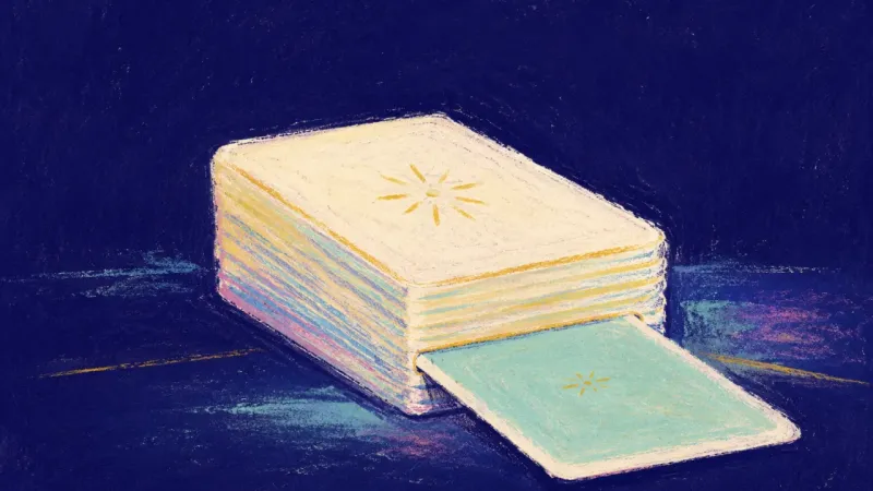 An abstract representation of backlog panic resolving into a steady review rhythm, with a flashcard