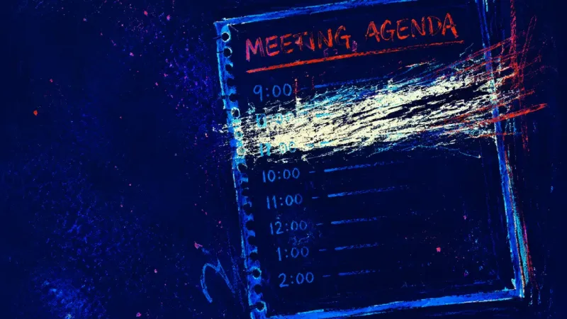 The Unchosen Slot A meeting agenda with the first presentation slot rubbed into a damaged band, reflecting dread about