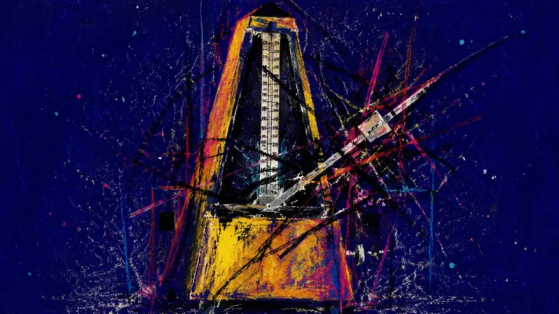 Seized Tempo An abstract metronome trapped in an off-balance tangle, representing presentation dread, delay, and