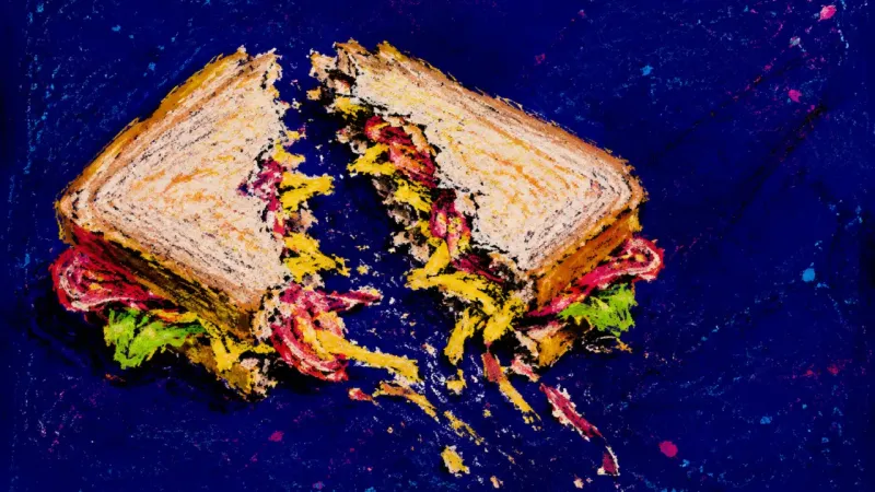 The Missing Center An opened sandwich with the wrong filling picked out from the center, reflecting quiet self-erasure,